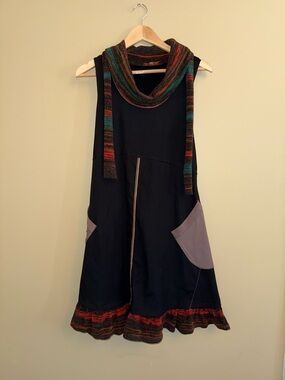 Mia Soana Black Sleeveless Tunic Dress Sz 40 Art To Wear Cow Neck Patchwork Euro